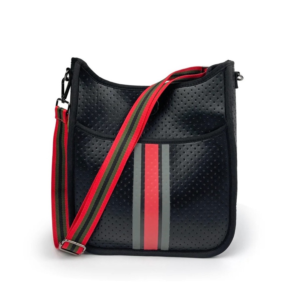 *BRAND NEW* Black Neoprene Messenger Bag with Red & Green Stripe